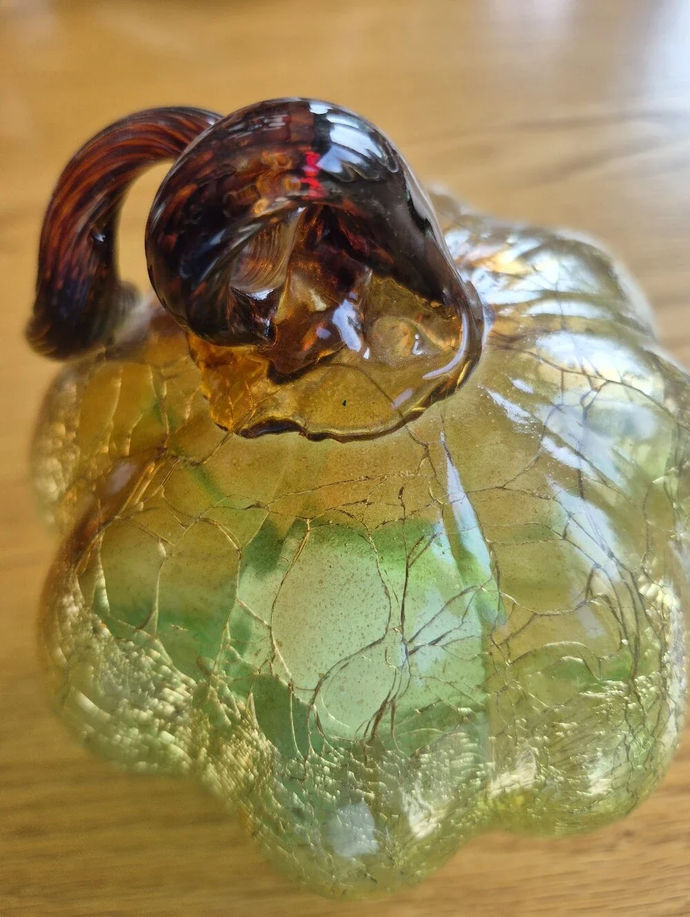 Hand Blown Green Crackle Glass Pumpkin Amber Stem Fall Decor